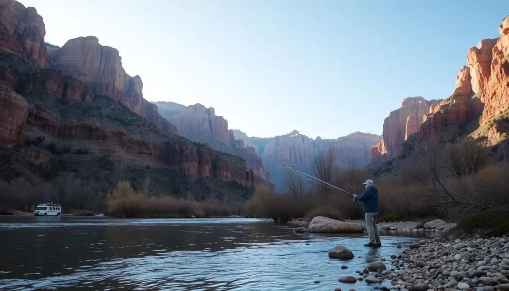 Image generation prompt: A serene scene of a person fishing on the banks of Little River, with the canyon walls in the background.