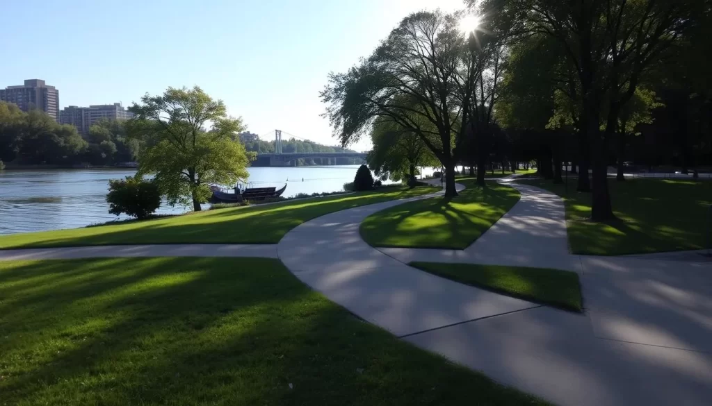Image generation prompt: A serene view of Riverfront Park with the Passaic River in the background, featuring walking paths and green lawns.
