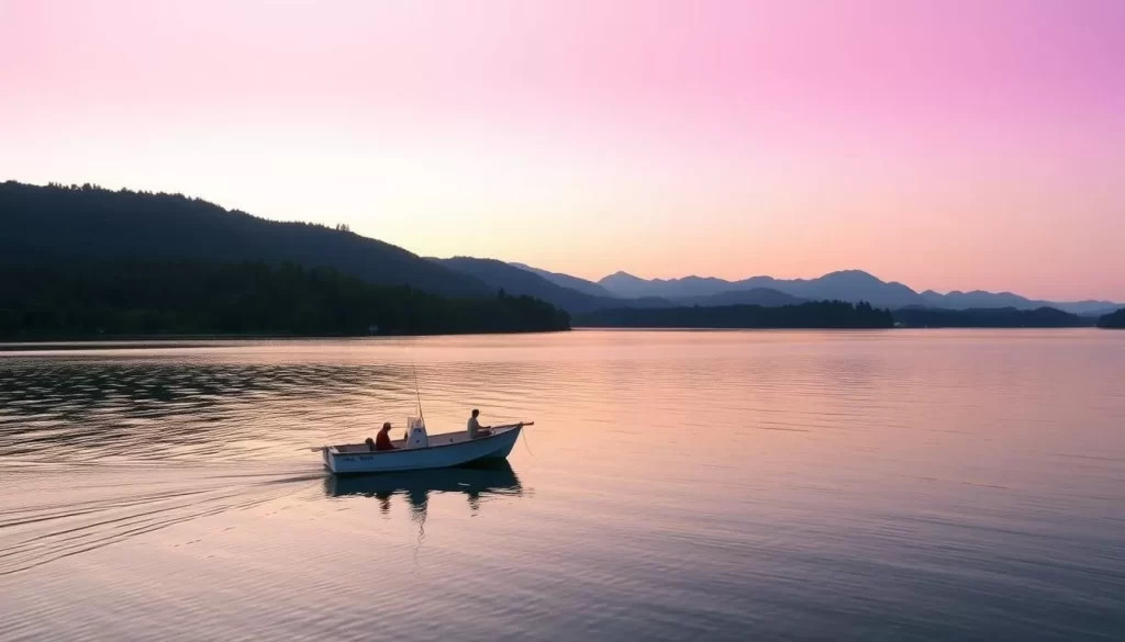 Image generation prompt: A serene view of Wilson Lake with a fishing boat in the foreground.