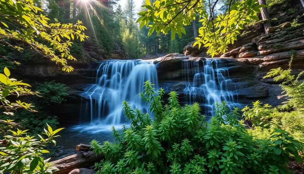 Image generation prompt: A serene waterfall surrounded by lush greenery in the Black Hills National Forest.