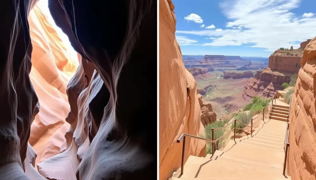 Image generation prompt: A short, easy hike in Snow Canyon State Park, with a small slot canyon on the left and a stairway to an overlook on the right.