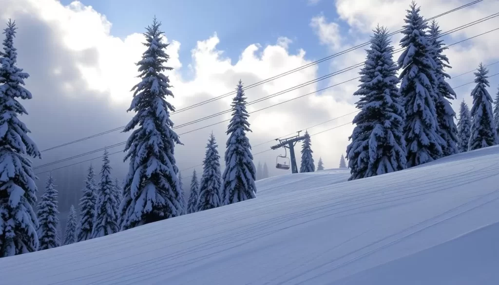 Image generation prompt: A snowy landscape in the Cascade Mountains with ski lifts in the background.