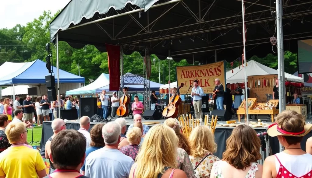 Image generation prompt: A stage at the Arkansas Folk Festival with musicians performing folk music and craft demonstrations happening in the background.