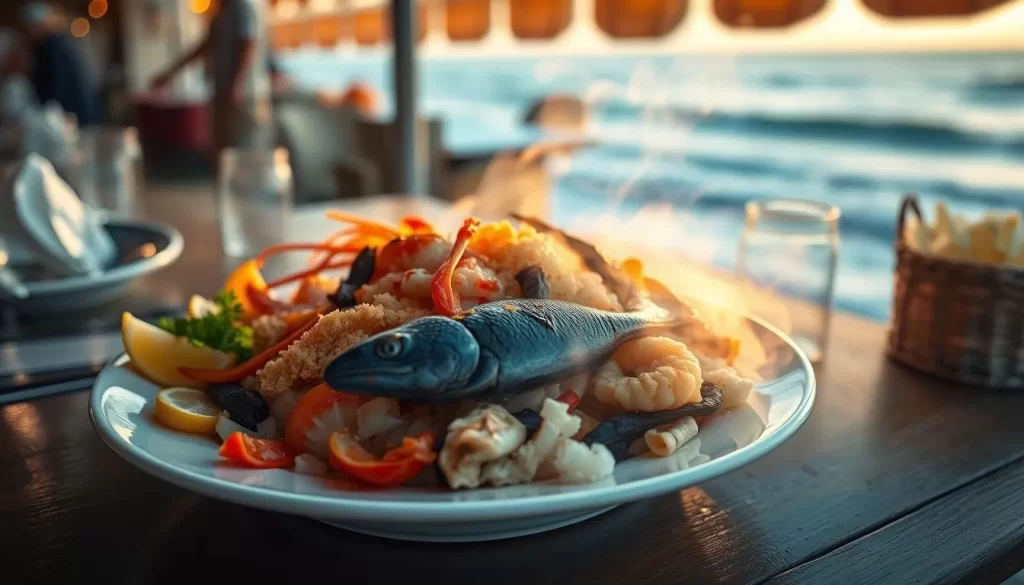 Image generation prompt: A steaming plate of fresh seafood at a coastal restaurant