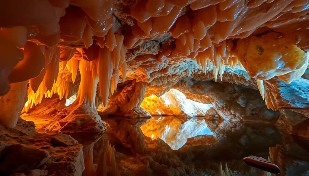 Image generation prompt: A stunning view of the sparkling calcite crystals inside Jewel Cave National Monument.