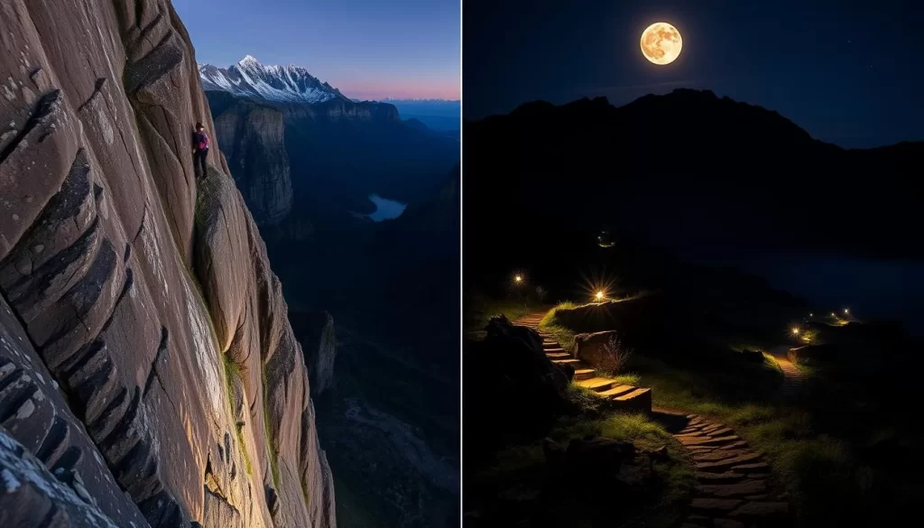 Image generation prompt: A thrilling adventure activity in South Island National Park, such as rock climbing or a guided night walk.