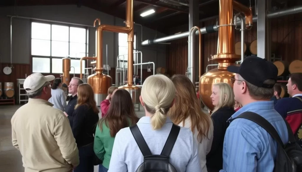 Image generation prompt: A tour group at All Points West Distillery, observing the distillation process.