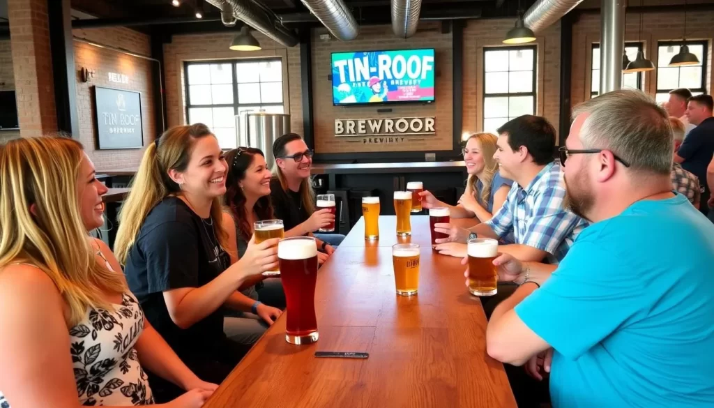 Image generation prompt: A tour group at Tin Roof Brewery, sampling craft beers in a tasting room with a modern industrial design.