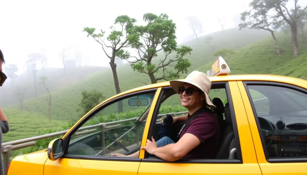 Image generation prompt: A tourist taking a taxi in Cameron Highlands