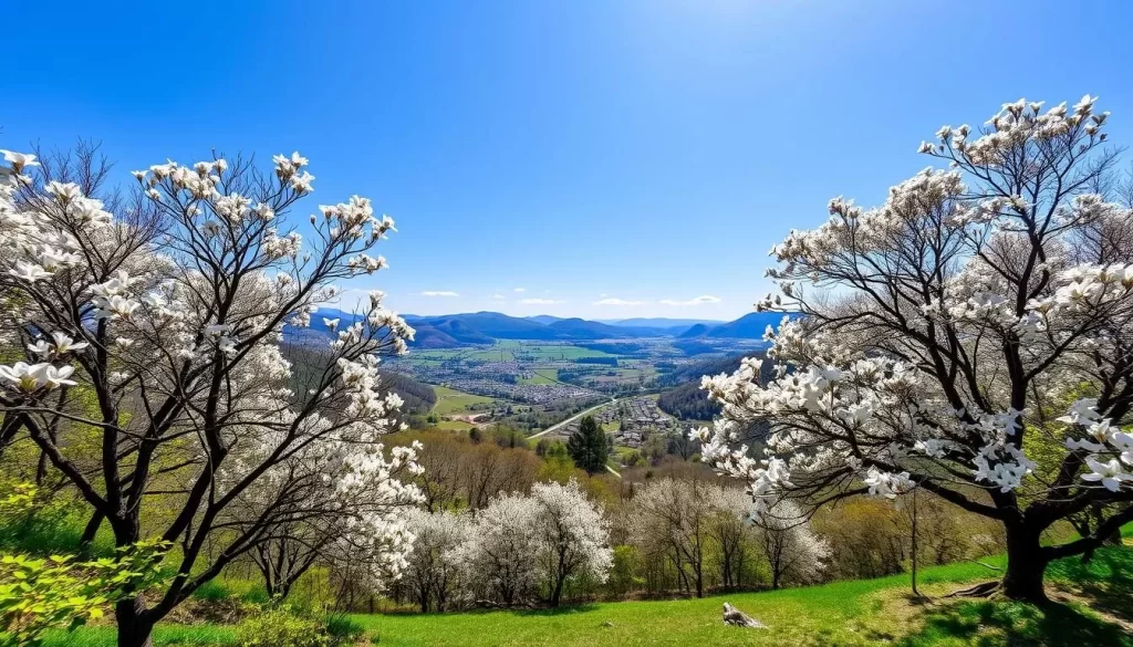 Image generation prompt: A valley with blooming dogwood trees, creating a picturesque landscape with a clear blue sky.