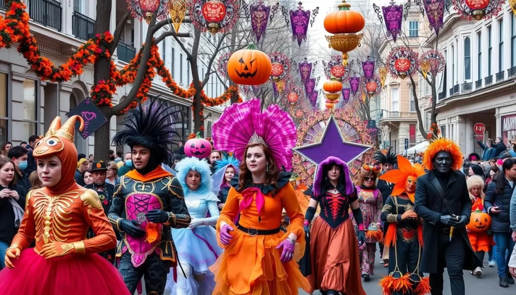 Image generation prompt: A vibrant Halloween parade in San Francisco, with participants dressed in elaborate costumes.