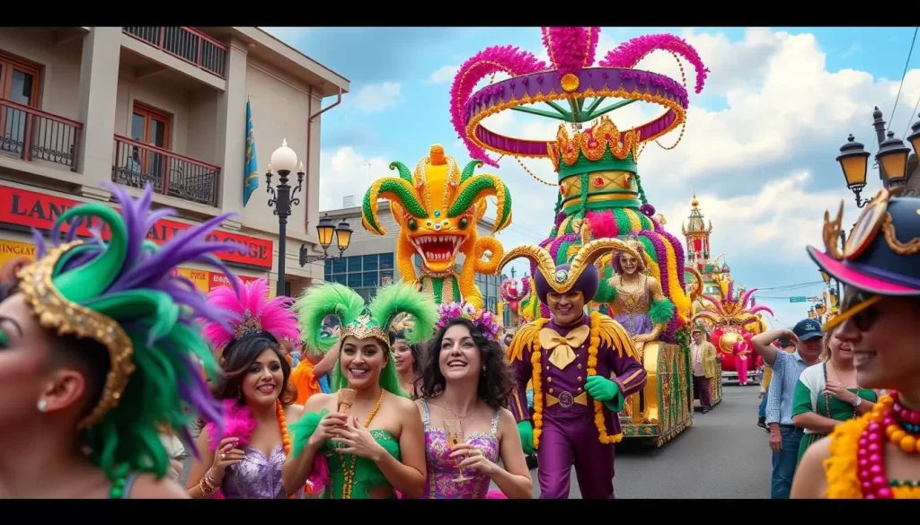 Image generation prompt: A vibrant Mardi Gras parade in Baton Rouge with colorful floats and participants in costumes.