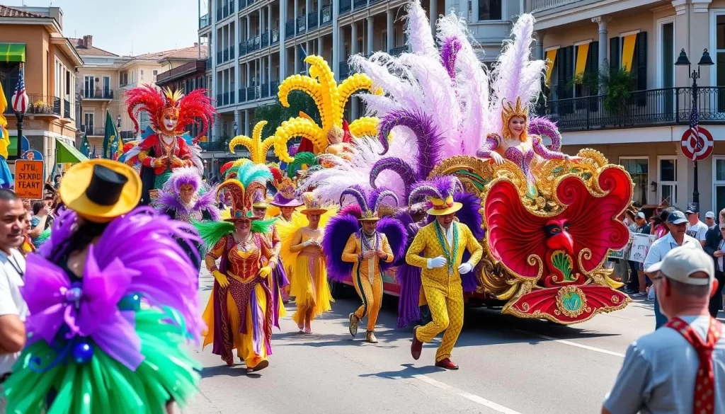 Image generation prompt: A vibrant Mardi Gras parade in New Orleans with colorful floats and people wearing costumes.