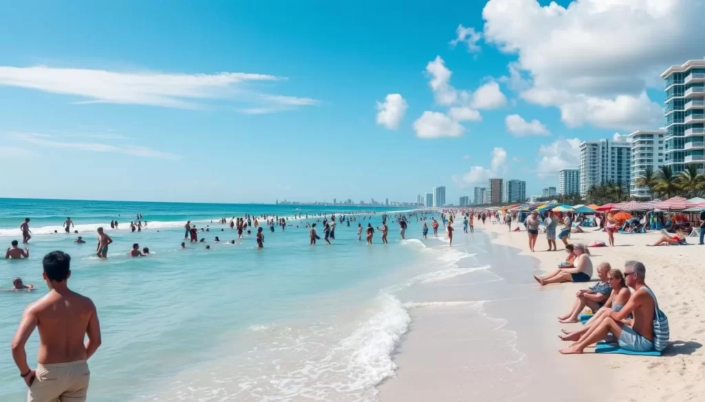 Image generation prompt: A vibrant Miami beach scene during the best month to visit, with clear skies and gentle waves.