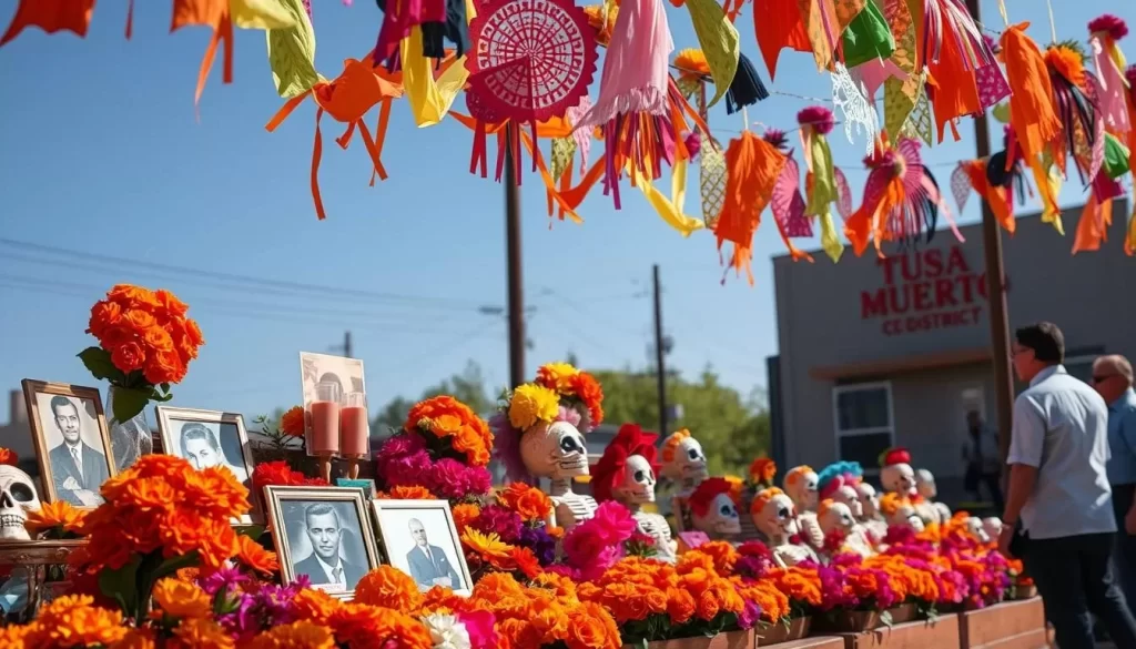 Image generation prompt: A vibrant celebration of Día de Los Muertos in Tulsa's Arts District, with traditional altars, marigold displays, and papel picado decorations.