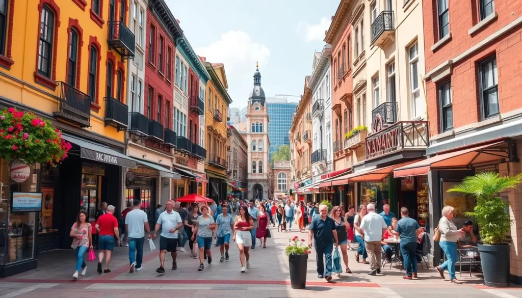 Image generation prompt: A vibrant downtown area with a mix of old and new buildings, bustling with people shopping and dining.