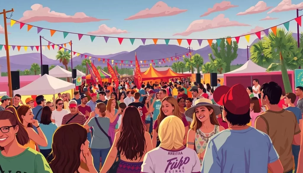 Image generation prompt: A vibrant festival scene in Arizona with diverse attendees enjoying music and cultural performances.