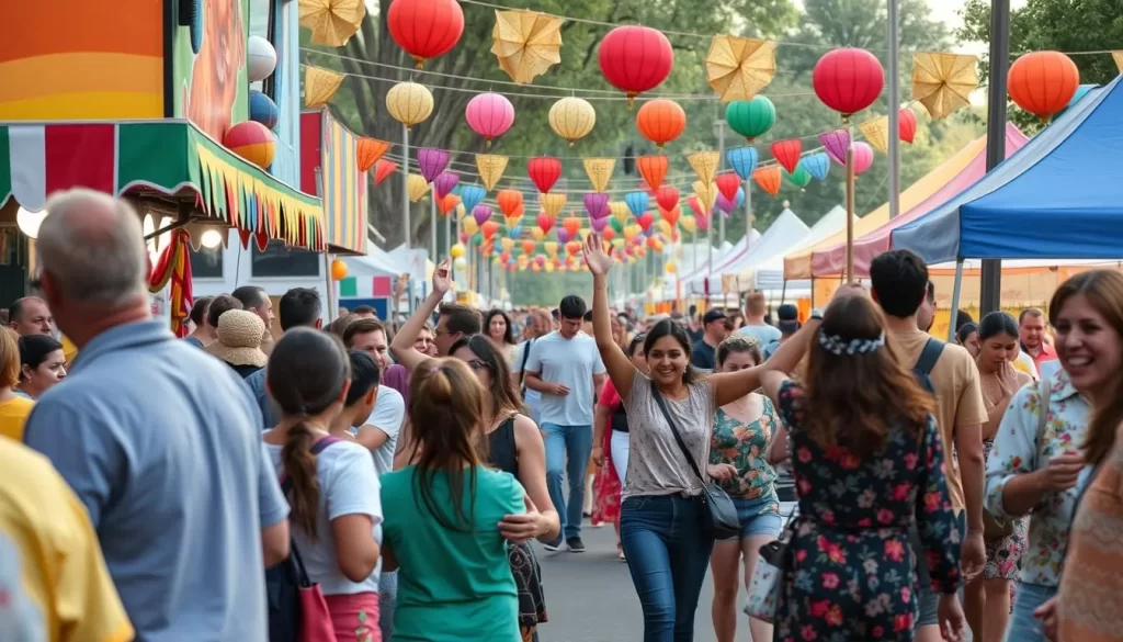 Image generation prompt: A vibrant festival scene in Kansas with food stalls and cultural performances