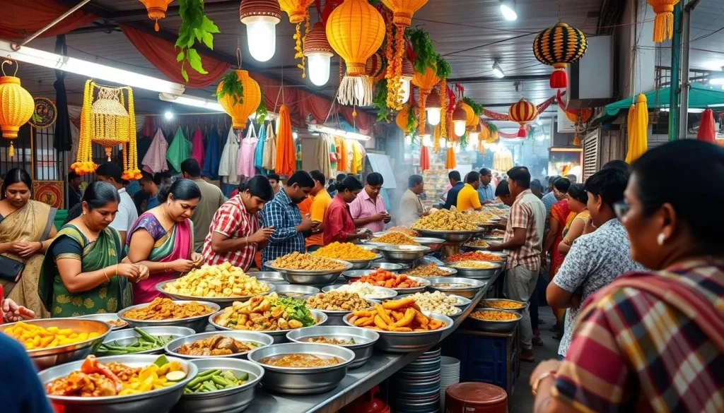 Image generation prompt: A vibrant food festival scene in Puducherry, with colorful stalls and people enjoying local cuisine.