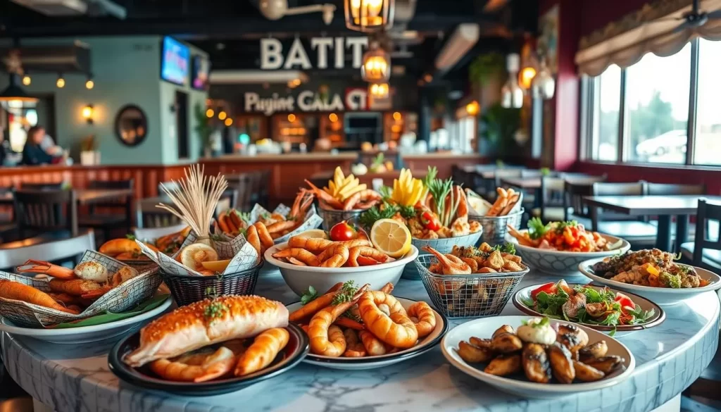 Image generation prompt: A vibrant image of a seafood restaurant in Foley, Alabama, with a variety of fresh seafood dishes on the table.