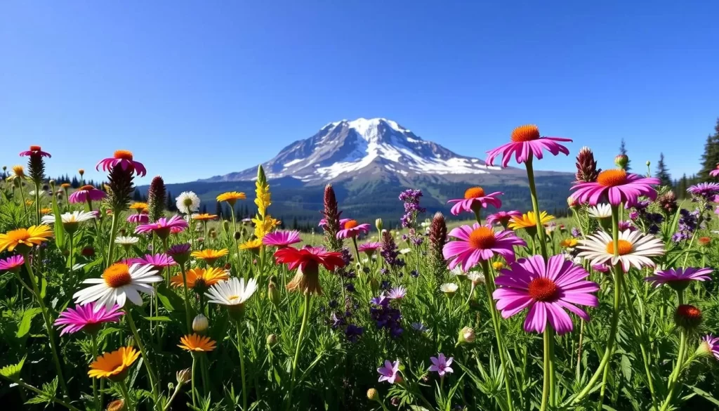 Image generation prompt: A vibrant landscape of wildflowers in Mount Rainier National Park during early August.