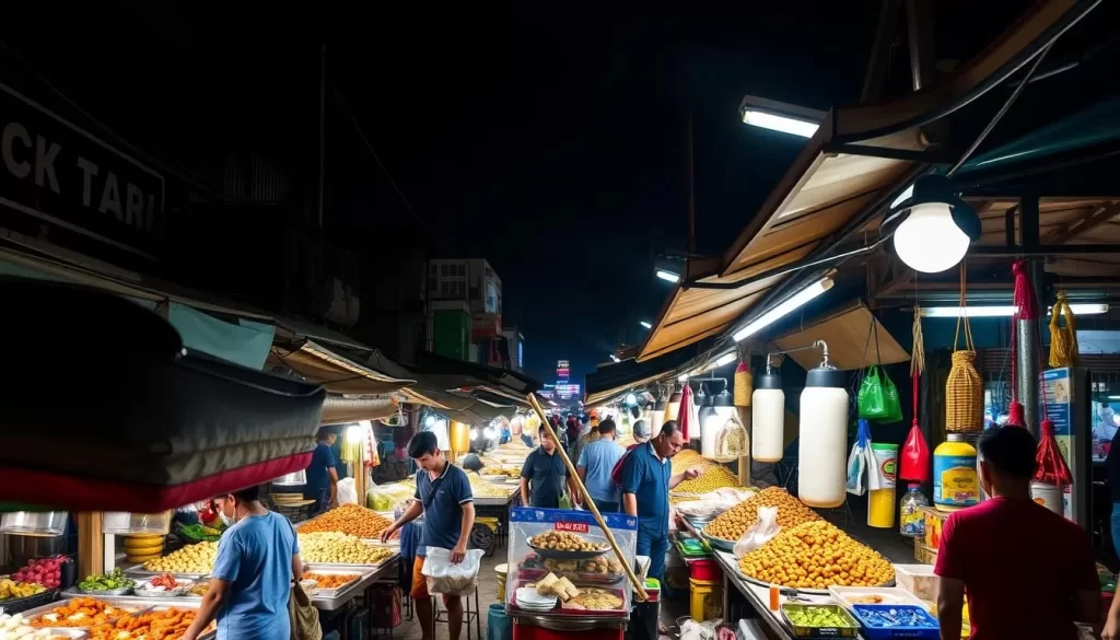 Image generation prompt: A vibrant night market in Pahang with various local food stalls