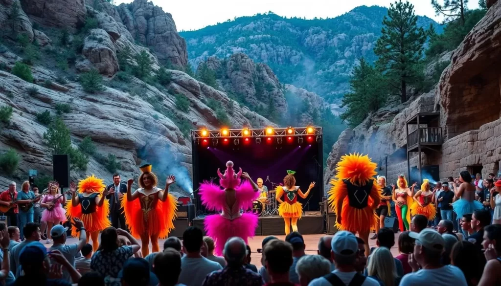 Image generation prompt: A vibrant outdoor musical performance at McKelligon Canyon Amphitheatre, featuring a diverse cast and colorful costumes.