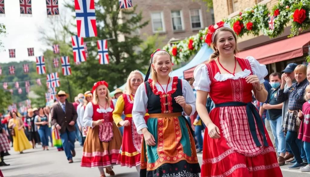 Image generation prompt: A vibrant parade at Nordic Fest in Decorah, Iowa, with participants in traditional Norwegian attire.