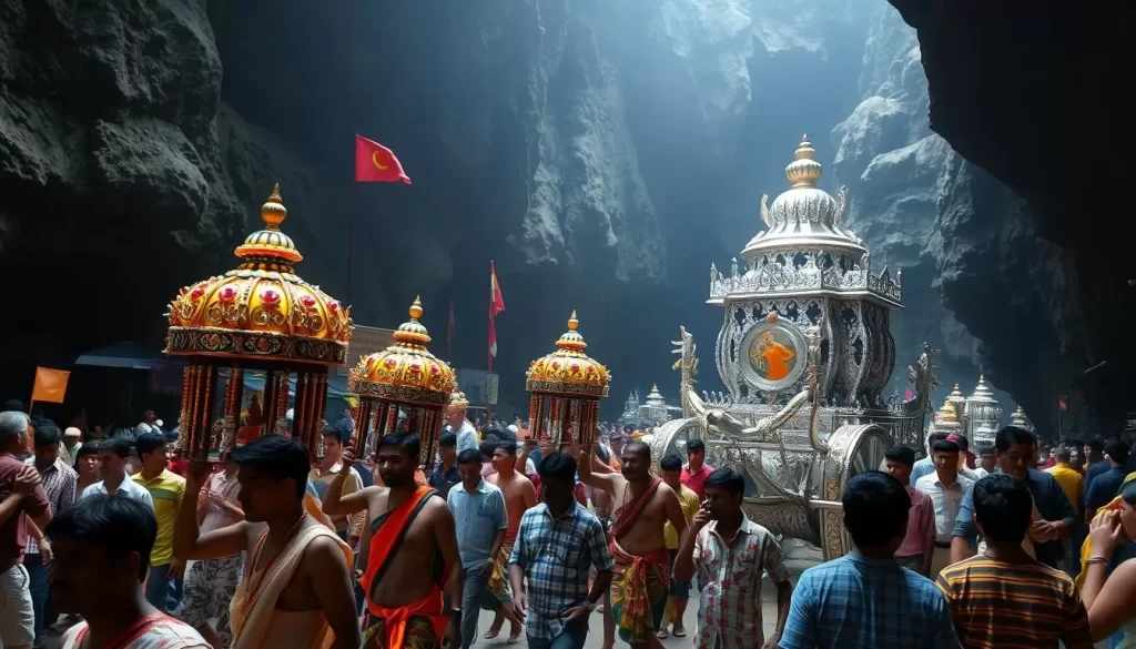 Image generation prompt: A vibrant scene at Batu Caves during Thaipusam, with devotees carrying kavadis and a silver chariot in the background.