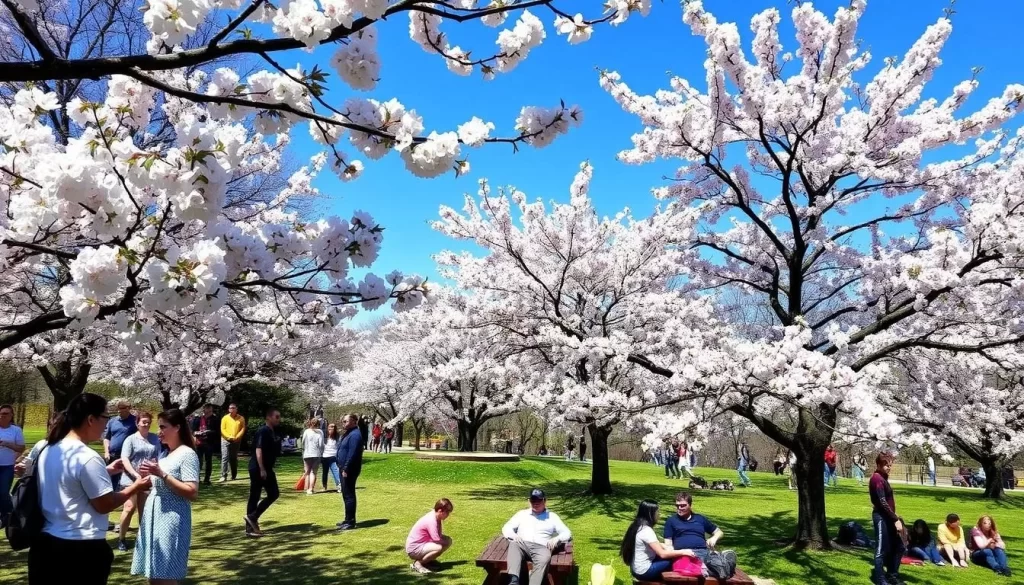 Image generation prompt: A vibrant scene at Branch Brook Park during the Cherry Blossom Festival, with blooming cherry blossoms and people enjoying the event.