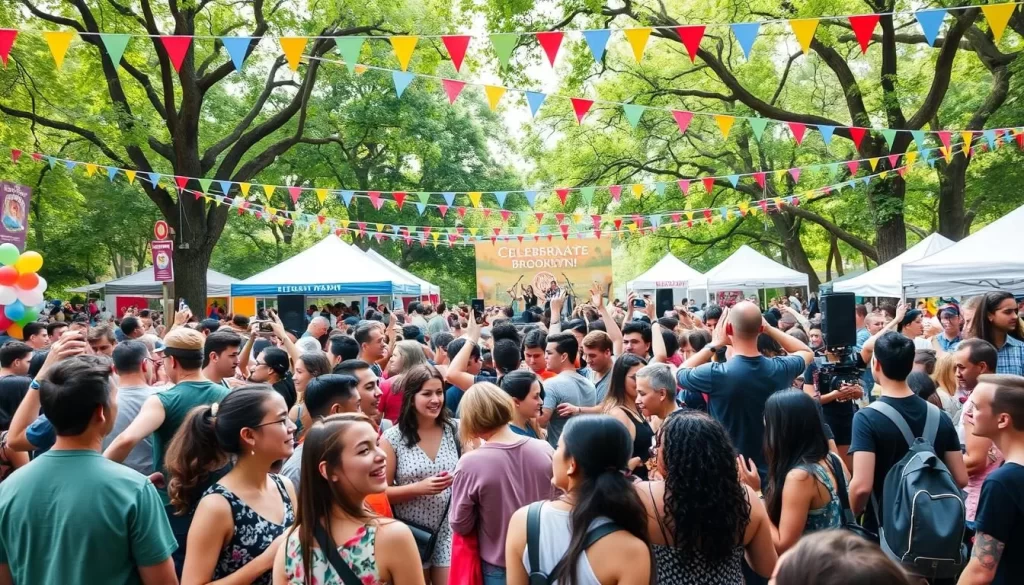 Image generation prompt: A vibrant scene at Prospect Park during the BRIC Celebrate Brooklyn! festival, with a large crowd enjoying live music.