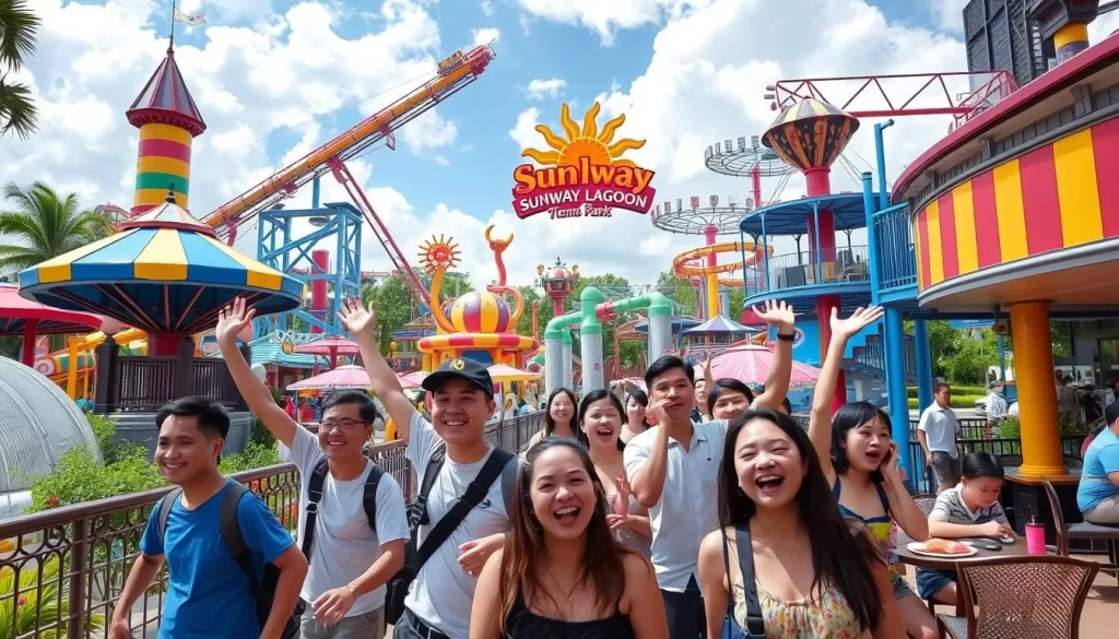 Image generation prompt: A vibrant scene at Sunway Lagoon Theme Park with various attractions and visitors enjoying their time.
