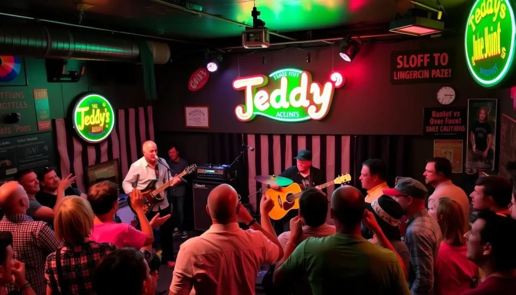Image generation prompt: A vibrant scene at Teddy's Juke Joint with a blues band performing on stage, surrounded by a lively audience.