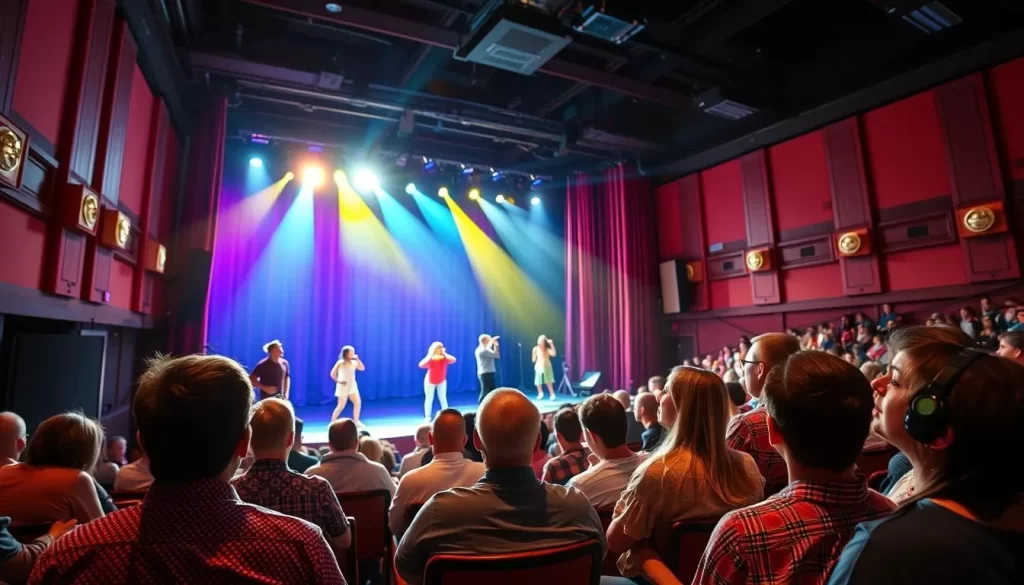 Image generation prompt: A vibrant scene at the Bama Theatre during a live performance, with the stage lit and the audience seated.