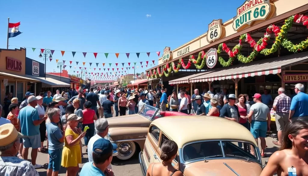 Image generation prompt: A vibrant scene at the Birthplace of Route66 Festival with people gathered around a vintage car, enjoying live music and food.