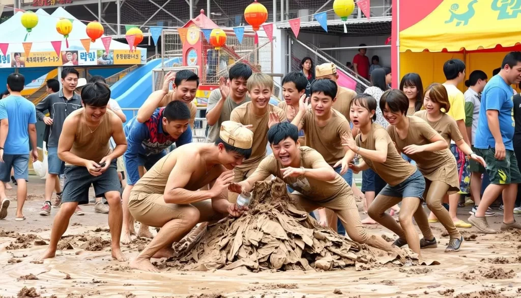 Image generation prompt: A vibrant scene at the Boryeong Mud Festival with participants covered in mud, enjoying various mud-based activities.