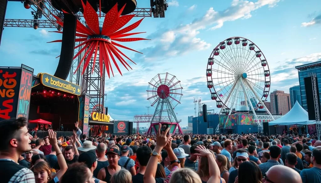 Image generation prompt: A vibrant scene at the Boston Calling Music Festival with a large crowd enjoying live music on stage, surrounded by art installations and a Ferris wheel.