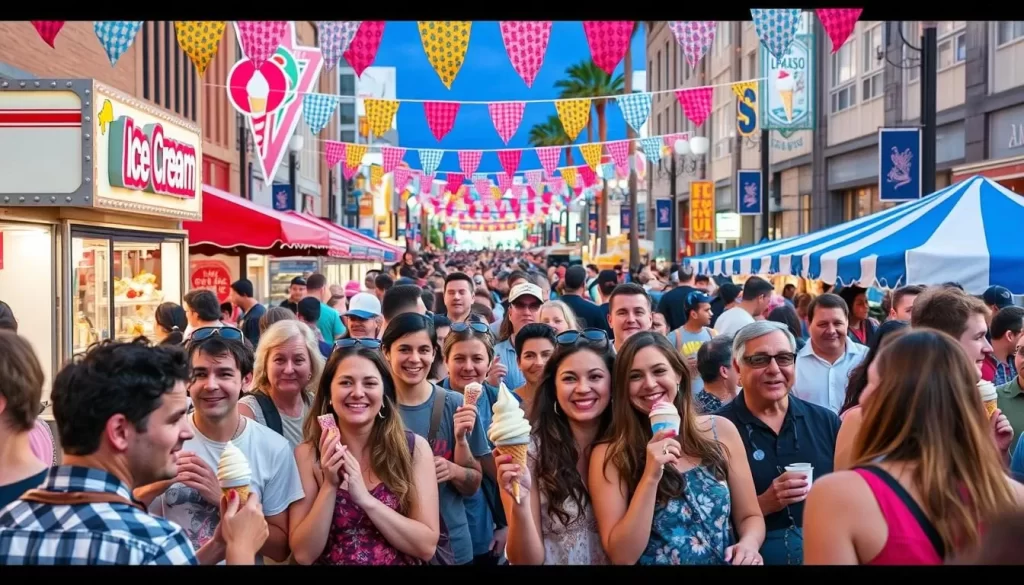 Image generation prompt: A vibrant scene at the El Paso Ice Cream Fest with people enjoying ice cream and other frozen treats in downtown El Paso.