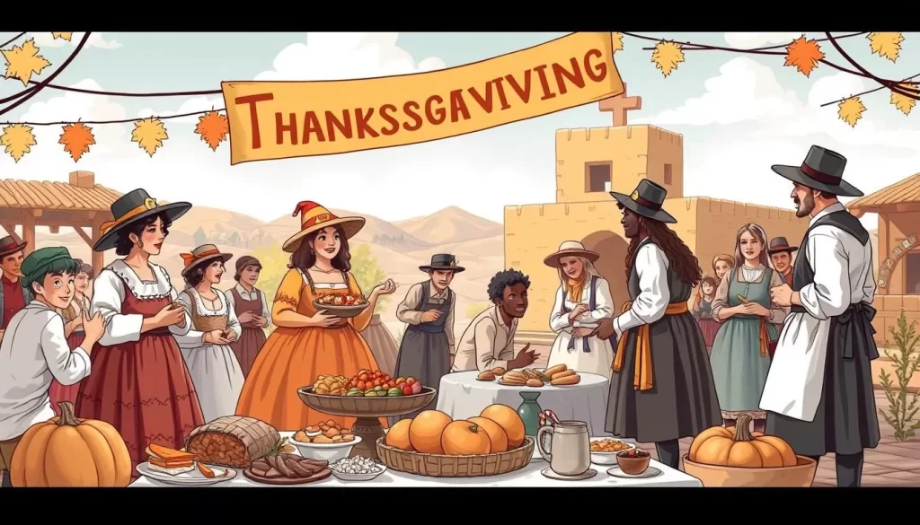 Image generation prompt: A vibrant scene at the First Thanksgiving Celebration in San Elizario, with people in historical attire, surrounded by traditional food and activities.