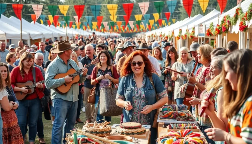 Image generation prompt: A vibrant scene at the Montana Folk Festival with people of different ages and backgrounds enjoying traditional music and crafts.