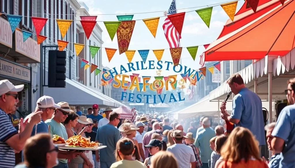 Image generation prompt: A vibrant scene from the Charlestown Seafood Festival, with people enjoying seafood and live music.