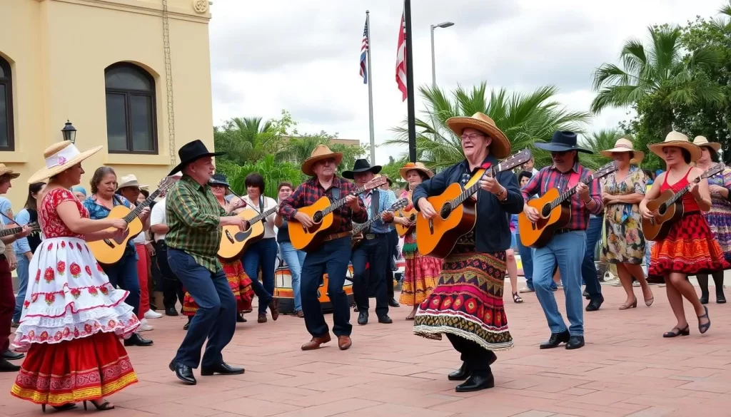 Image generation prompt: A vibrant scene of Cajun dancers and musicians in Lafayette, Louisiana