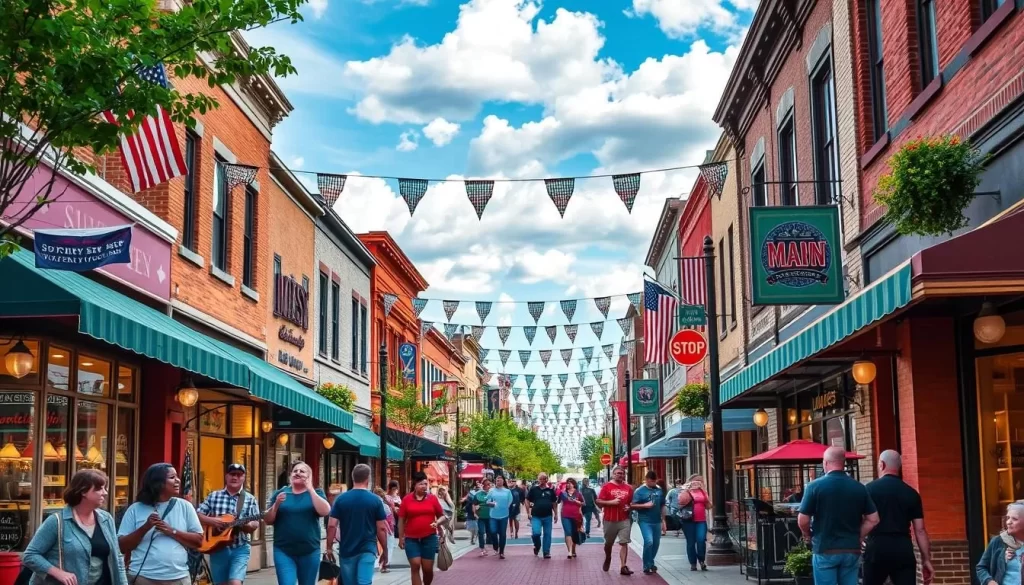 Image generation prompt: A vibrant scene of Main Street in Ames, Iowa, with people shopping and enjoying street performances.