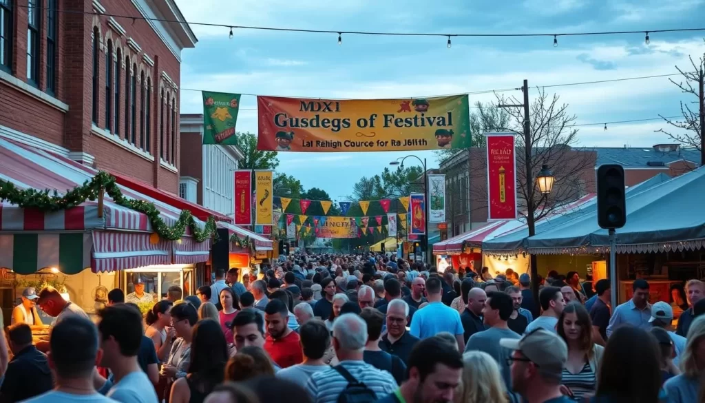 Image generation prompt: A vibrant scene of Raleigh during a seasonal festival, with people enjoying live music and food.