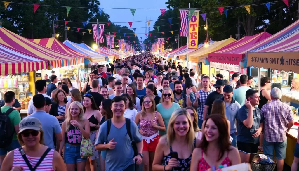 Image generation prompt: A vibrant scene of people enjoying a festival in Fairhope, with a backdrop of colorful stalls and lively atmosphere.