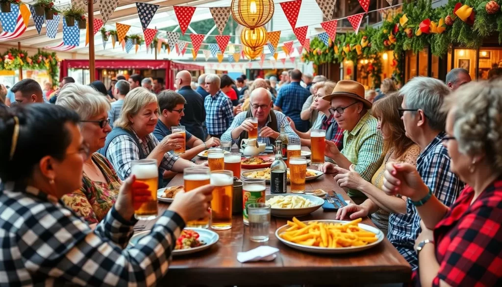 Image generation prompt: A vibrant scene of people enjoying traditional German food and beer at the Amana Colonies Oktoberfest.