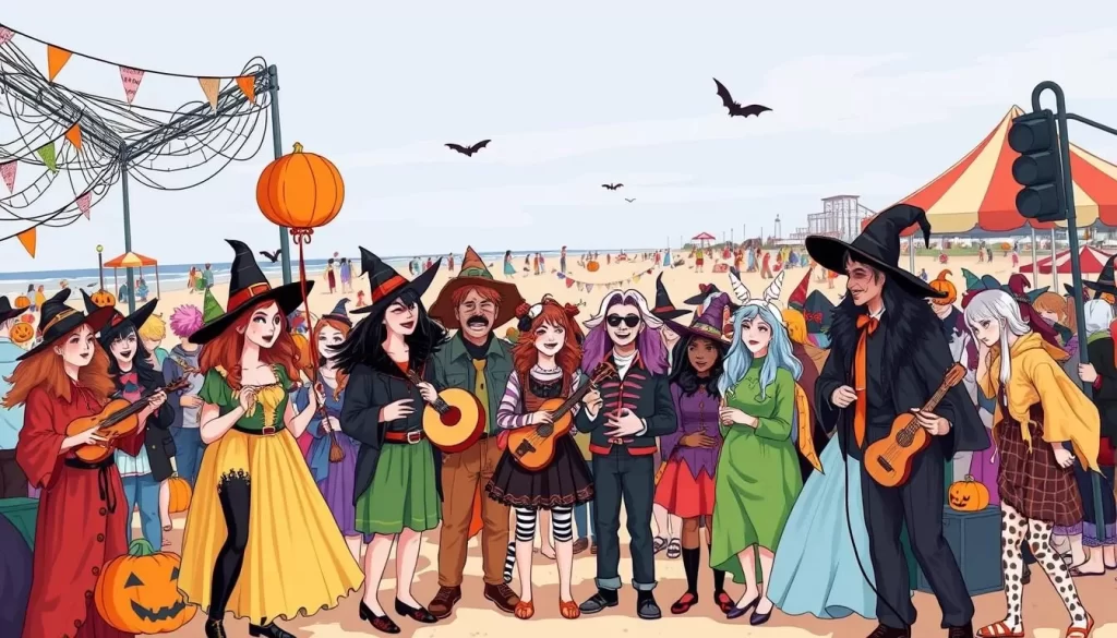 Image generation prompt: A vibrant scene of people in Halloween costumes at the Sea Witch Halloween and Fiddlers Festival in Rehoboth Beach, DE.