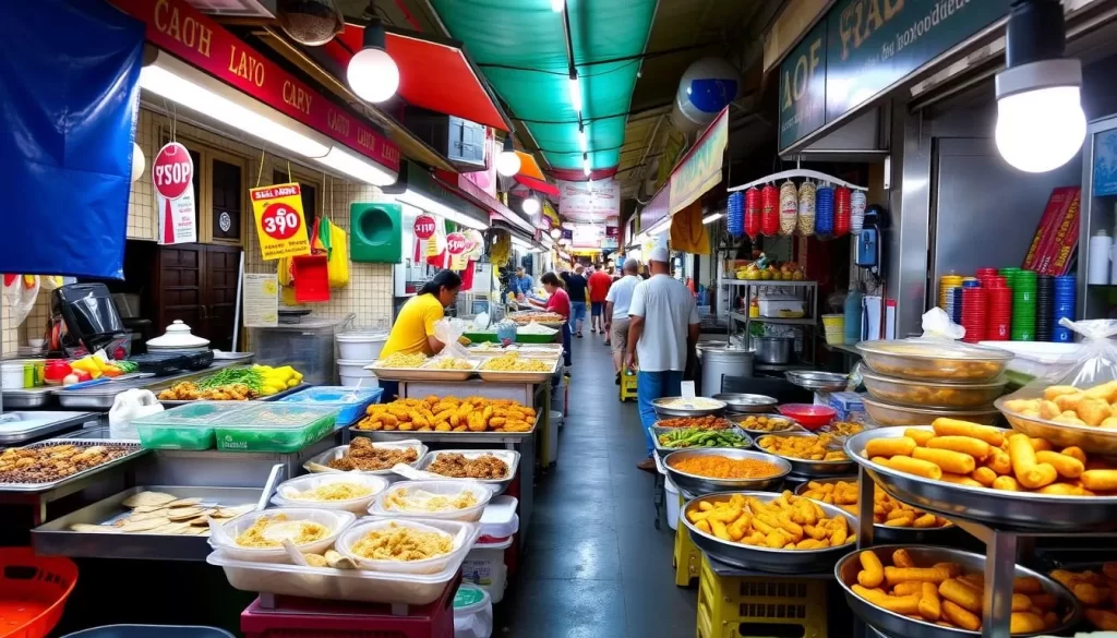 Image generation prompt: A vibrant street food scene in George Town, Penang, with various stalls and dishes.
