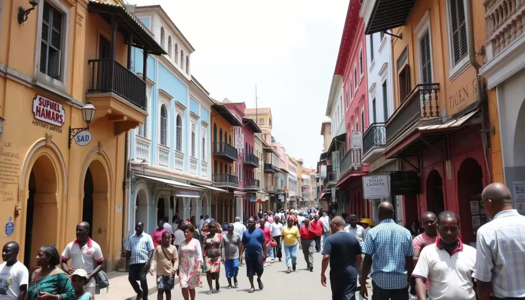 Image generation prompt: A vibrant street in Mombasa Old Town, with ancient buildings and people walking in the street.