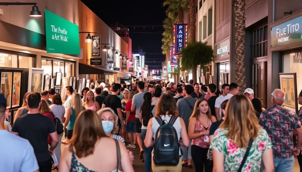Image generation prompt: A vibrant street scene in Phoenix during the First Friday Art Walk, with people browsing art galleries and enjoying street performances.